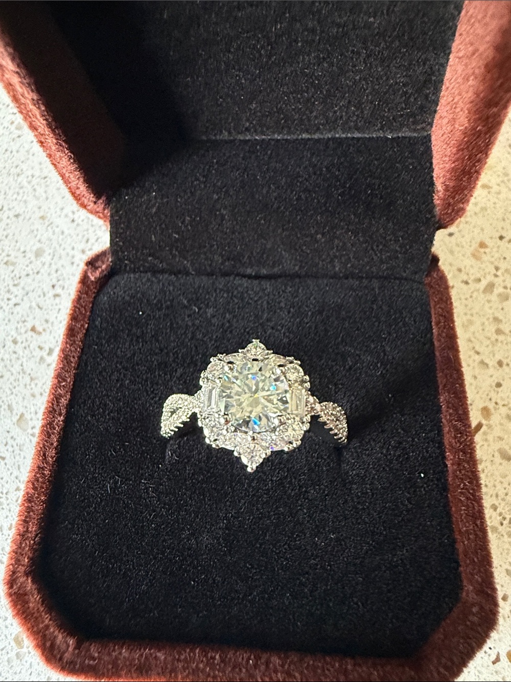 Vintage-Inspired Silver-Toned Halo Engagement Ring with Clear Center Stone